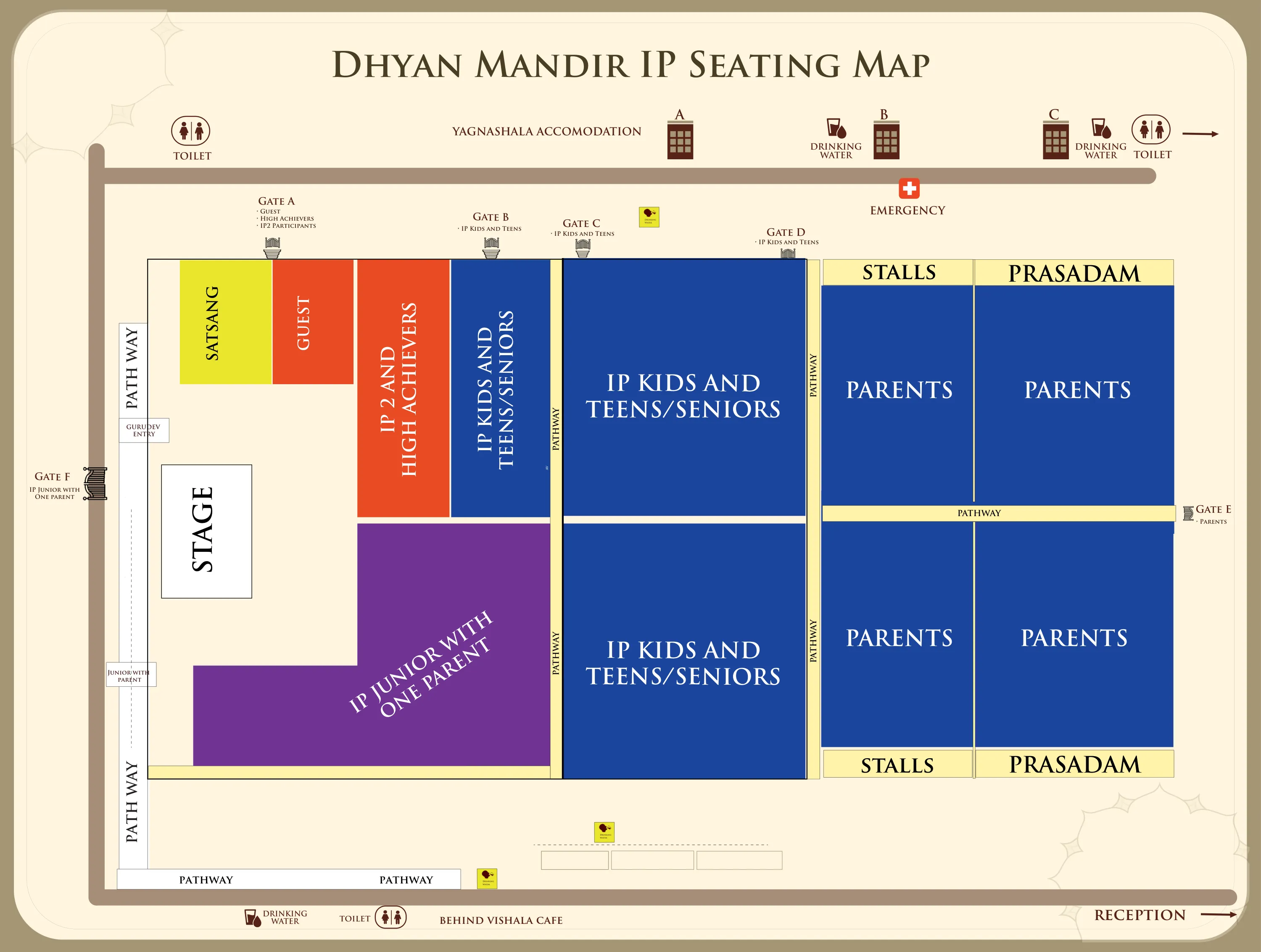 Dhyan Mandir IP seating map: a stage on the left, with zones for Satsang, Guests, IP 2 and High Achievers, IP Kids and Teens / Seniors, IP Juniors with one parent, and Parents, plus gates, stalls, prasadam, toilets and drinking water points.